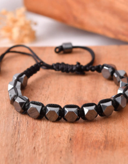 Adjustable Men's Bracelet with Hematite Beads Cross Pendant